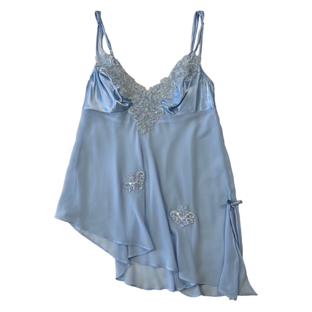 Vintage Frederick’s of Hollywood Baby Blue Lace Sequin Satin Babydoll Tank